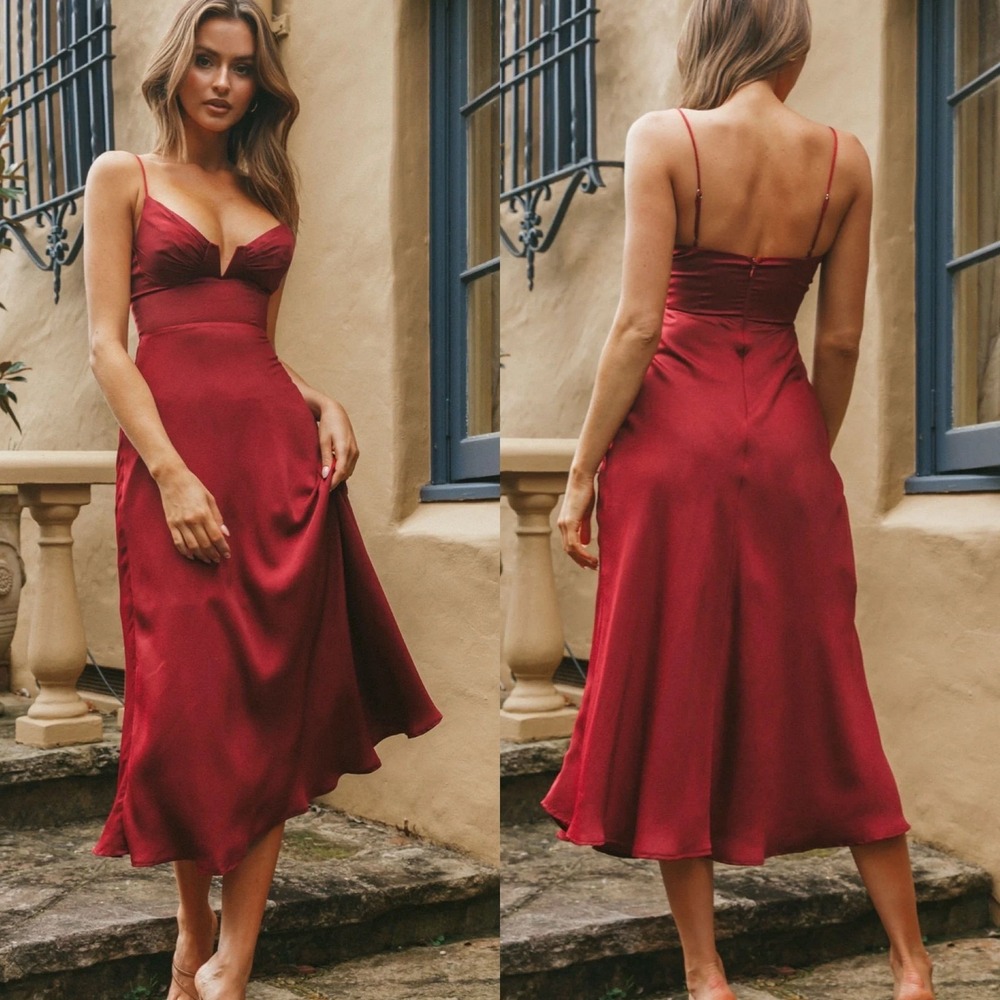 Selfie Leslie Lake Como Red Satin Midi Dress V Wire‎ Bust Elegant M - Picture 2 of 16